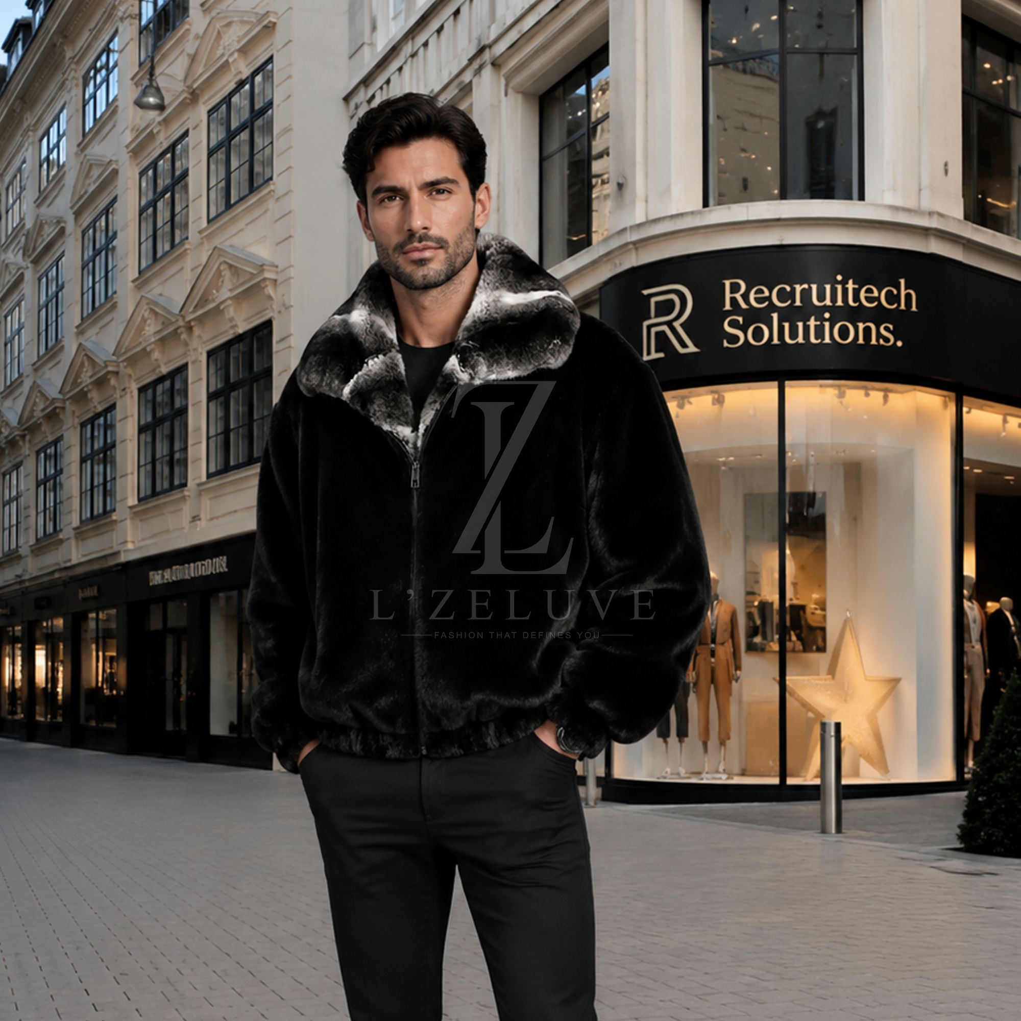 Men's Black Mink Fur Jacket with Natural Chinchilla Fur Collar