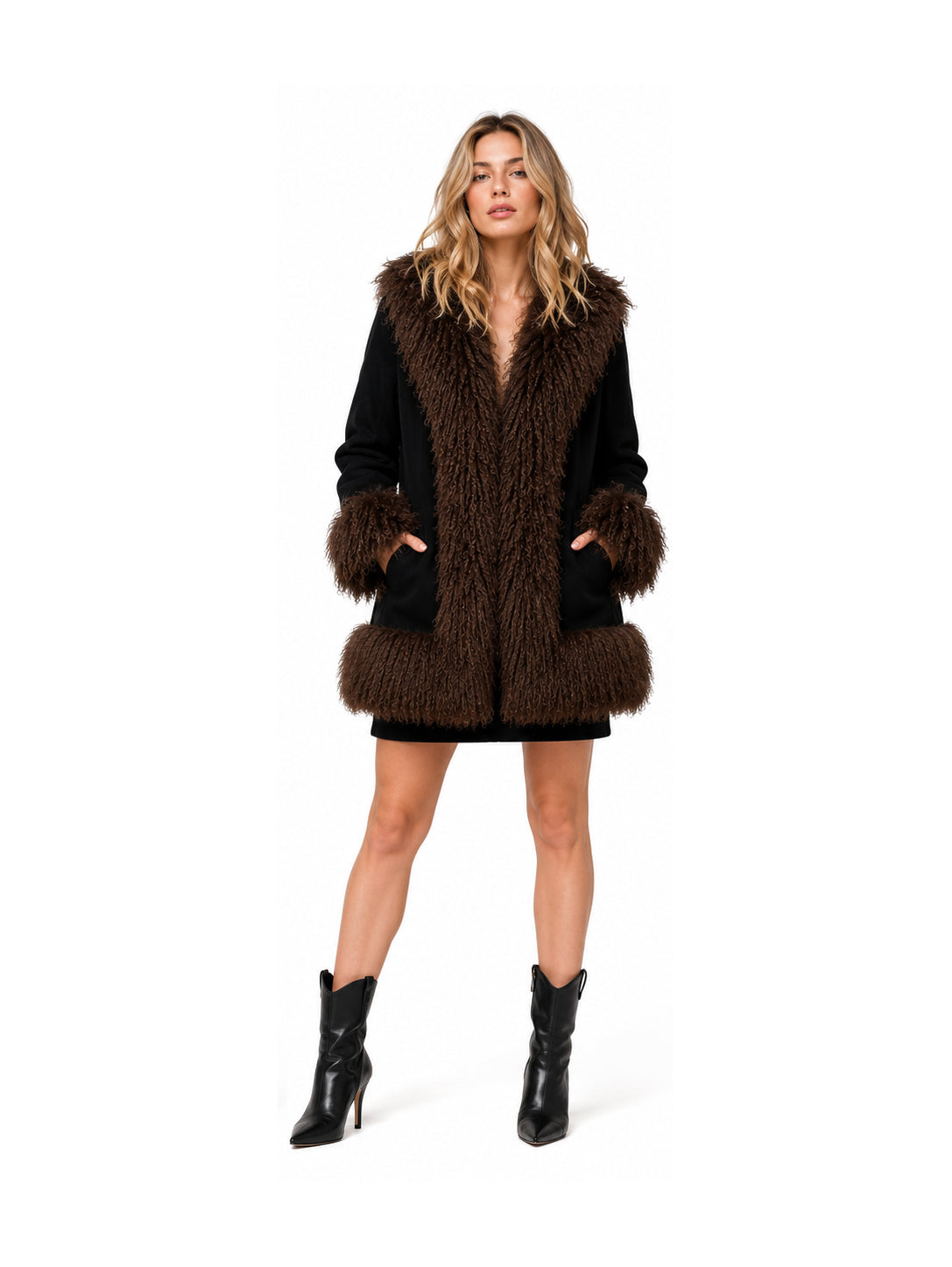 Women's Brown Mongolian Fur Trim Suede Jacket