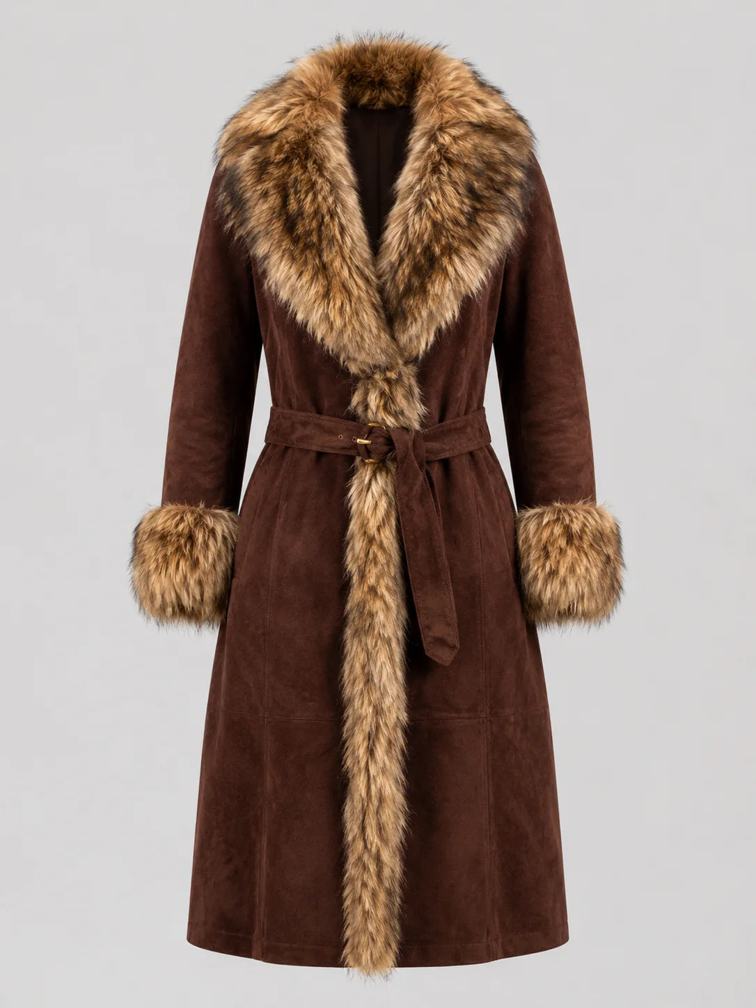 Chocolate Brown Suede Fur Trim Belted Long Coat for Women