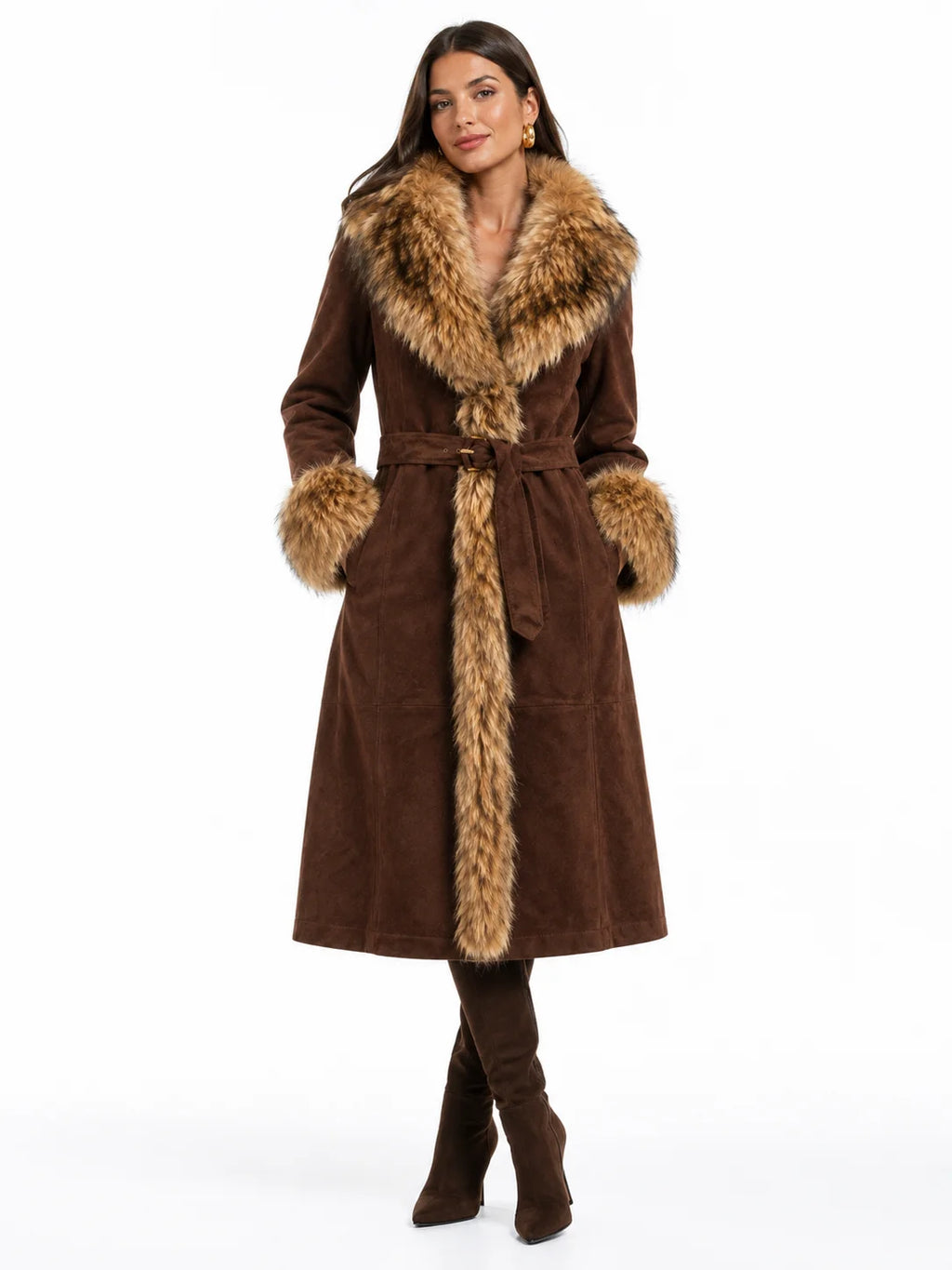 Chocolate Brown Suede Fur Trim Belted Long Coat for Women