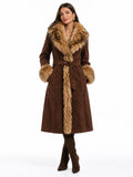 Chocolate Brown Suede Fur Trim Belted Long Coat for Women