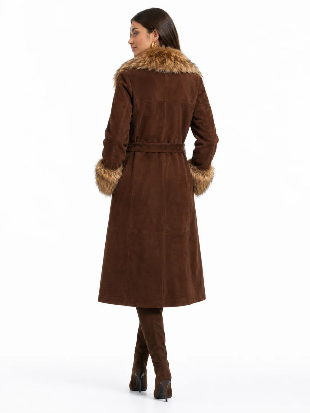 Chocolate Brown Suede Fur Trim Belted Long Coat for Women