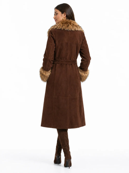 Chocolate Brown Suede Fur Trim Belted Long Coat for Women