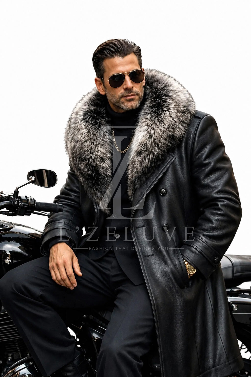 Men’s Genuine Leather Long Coat with Luxury Fur Collar