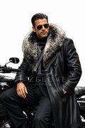 Men’s Genuine Leather Long Coat with Luxury Fur Collar