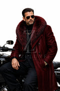 Men’s Burgundy Leather Long Coat with Burgundy Fur Collar