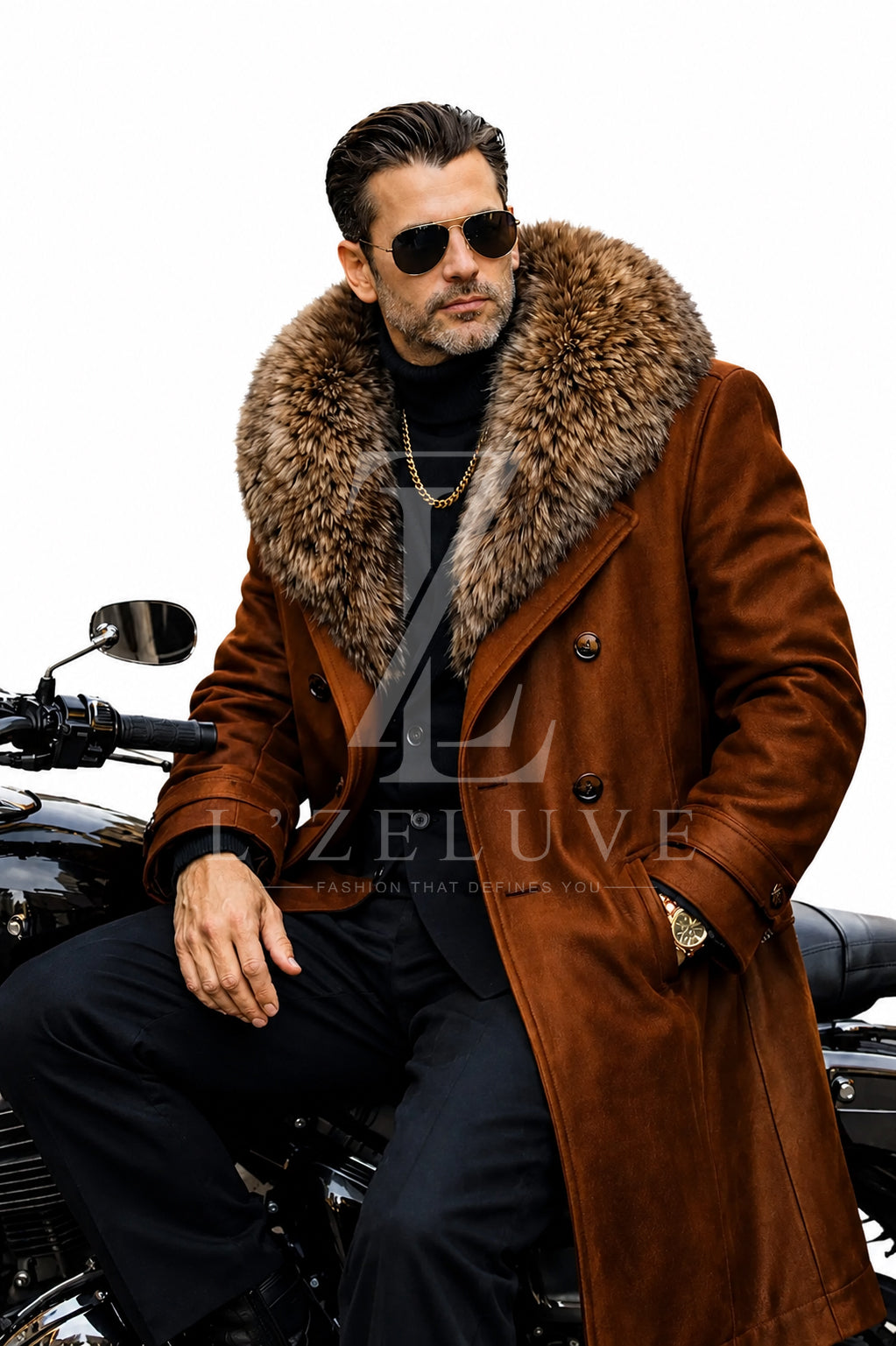 Men’s Tan Brown Leather Long Coat with Brown Fur Collar