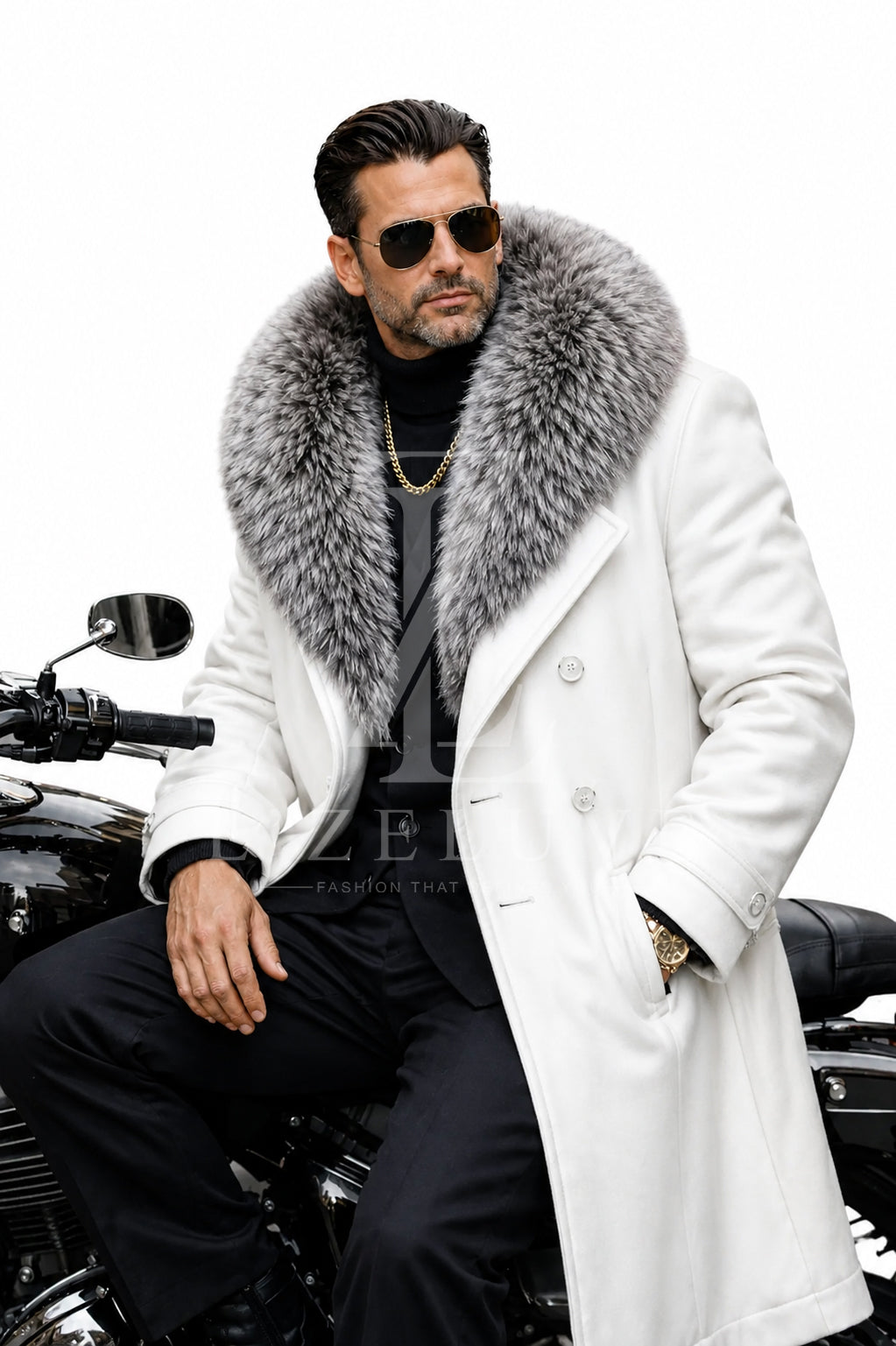 Men’s White Leather Long Coat with Grey Fur Collar