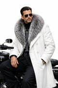 Men’s White Leather Long Coat with Grey Fur Collar