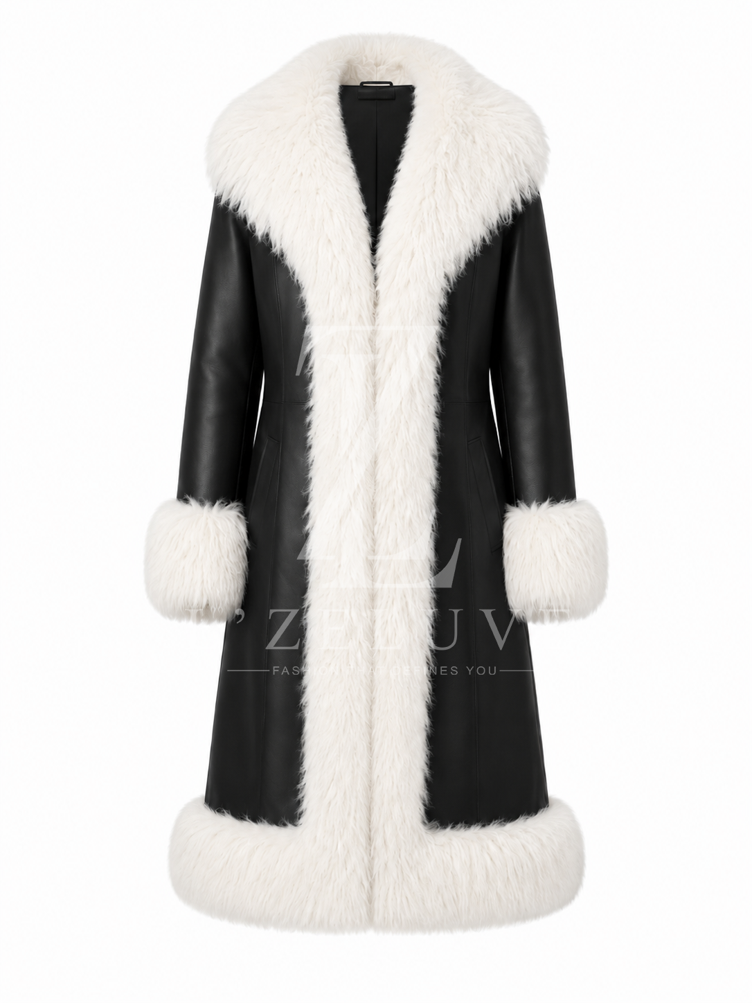 Women’s Black Shearling Leather Coat with White Fox Fur Trim