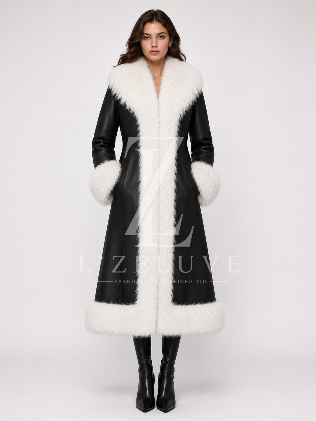Women’s Black Shearling Leather Coat with White Fox Fur Trim