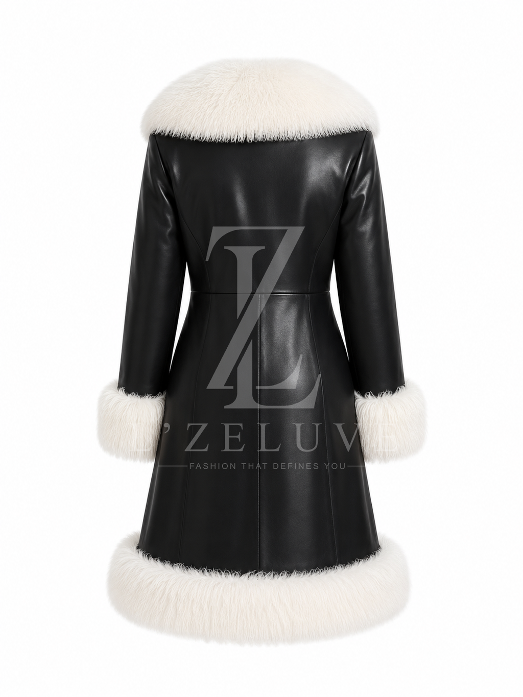 Women’s Black Shearling Leather Coat with White Fox Fur Trim
