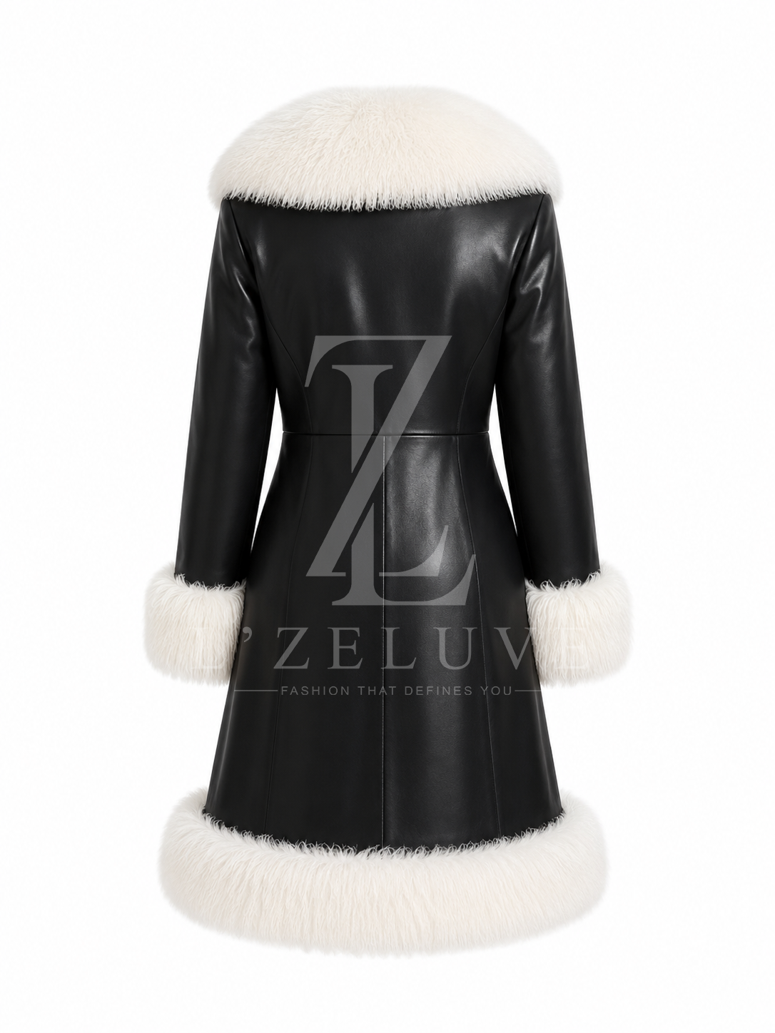Women’s Black Shearling Leather Coat with White Fox Fur Trim
