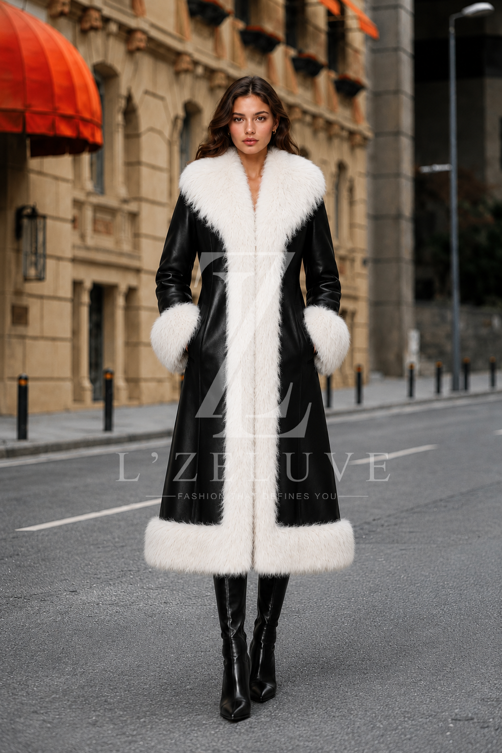 Women’s Black Shearling Leather Coat with White Fox Fur Trim