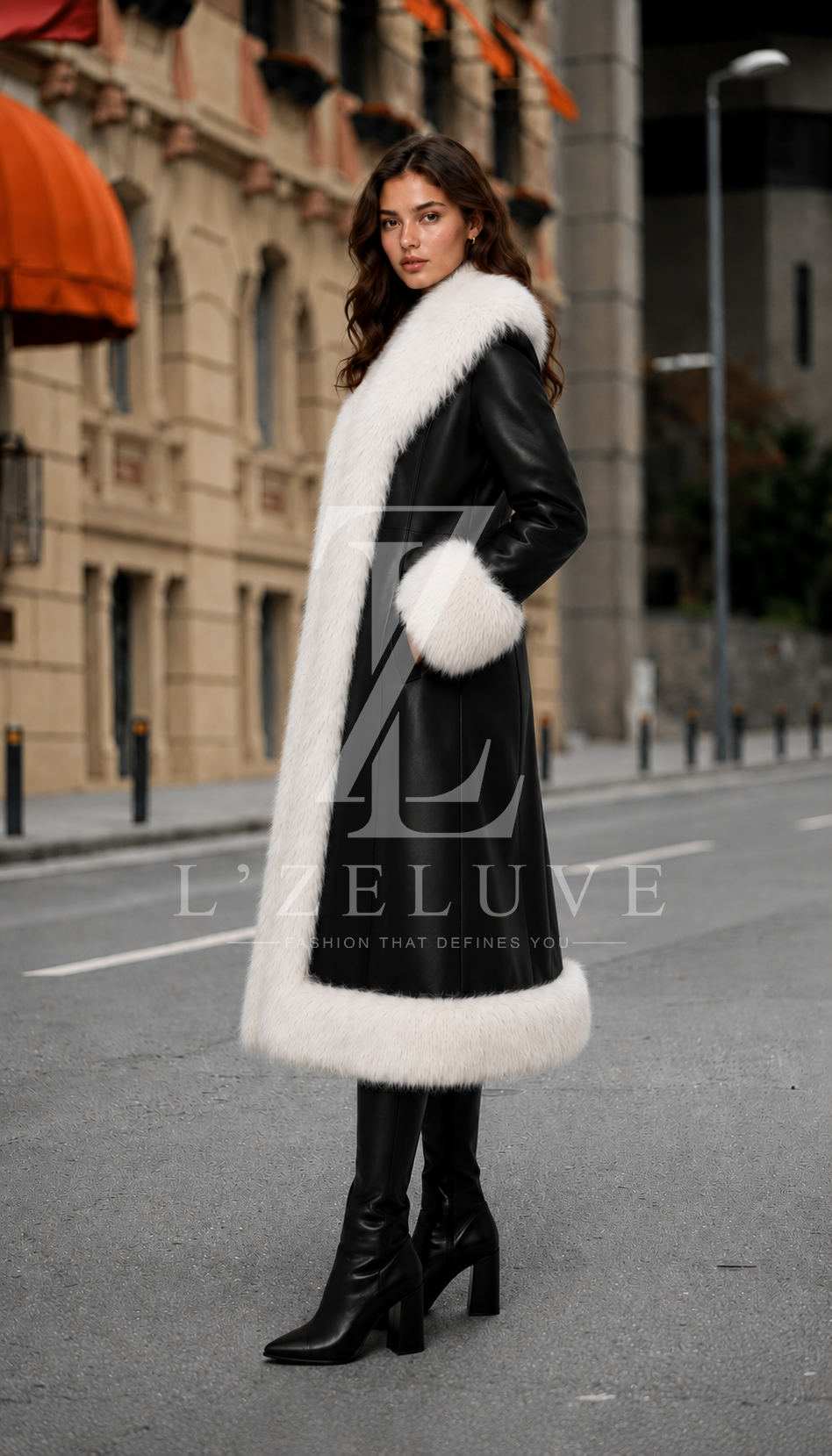 Women’s Black Shearling Leather Coat with White Fox Fur Trim