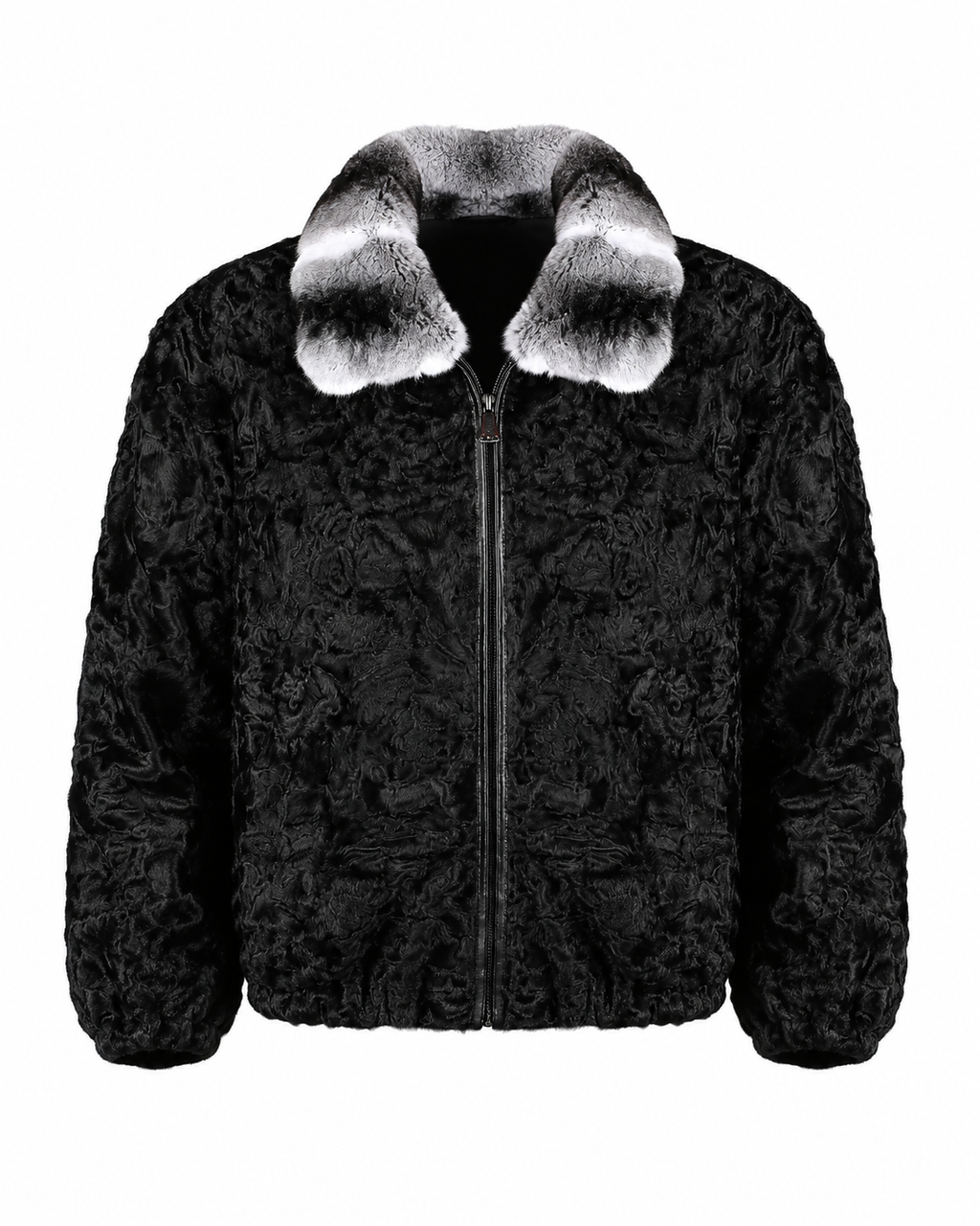 Men's Black Persian Fur Jacket with Natural Chinchilla Fur Collar