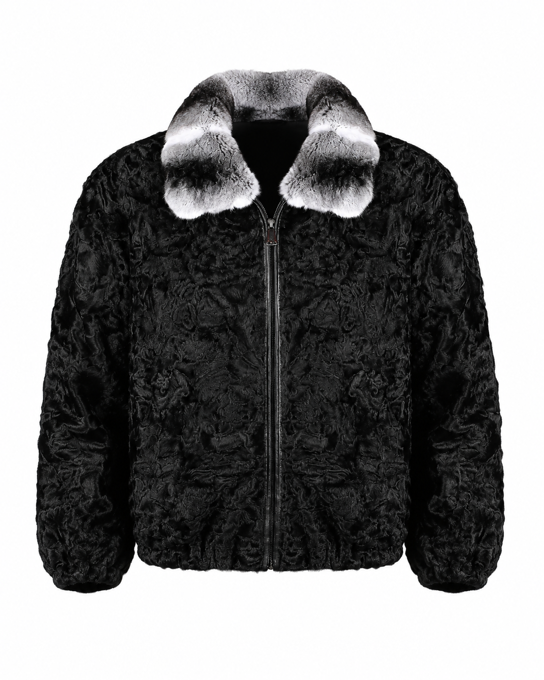Men's Black Persian Fur Jacket with Natural Chinchilla Fur Collar