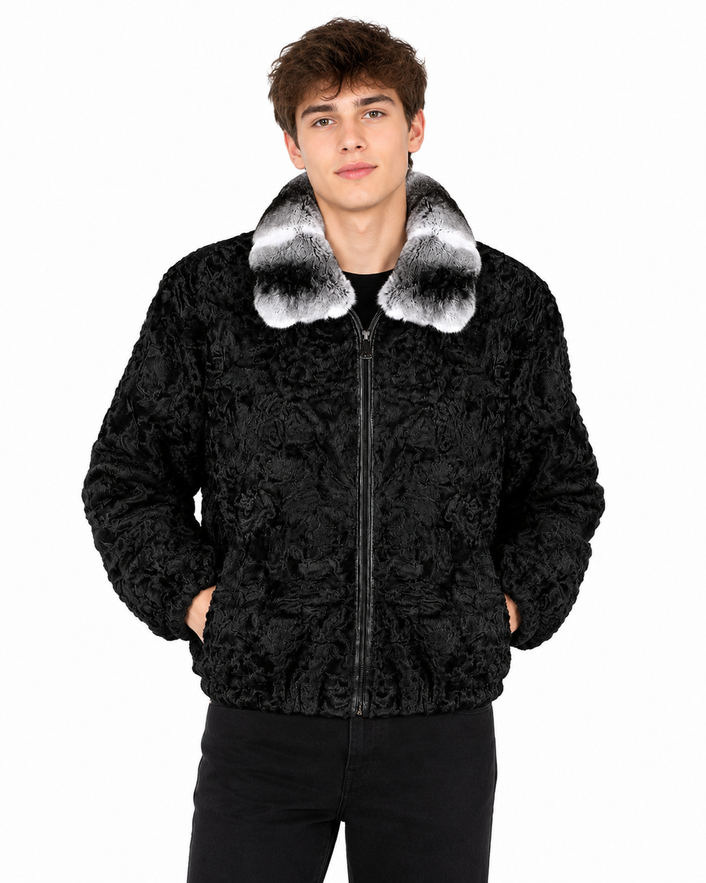 Men's Black Persian Fur Jacket with Natural Chinchilla Fur Collar