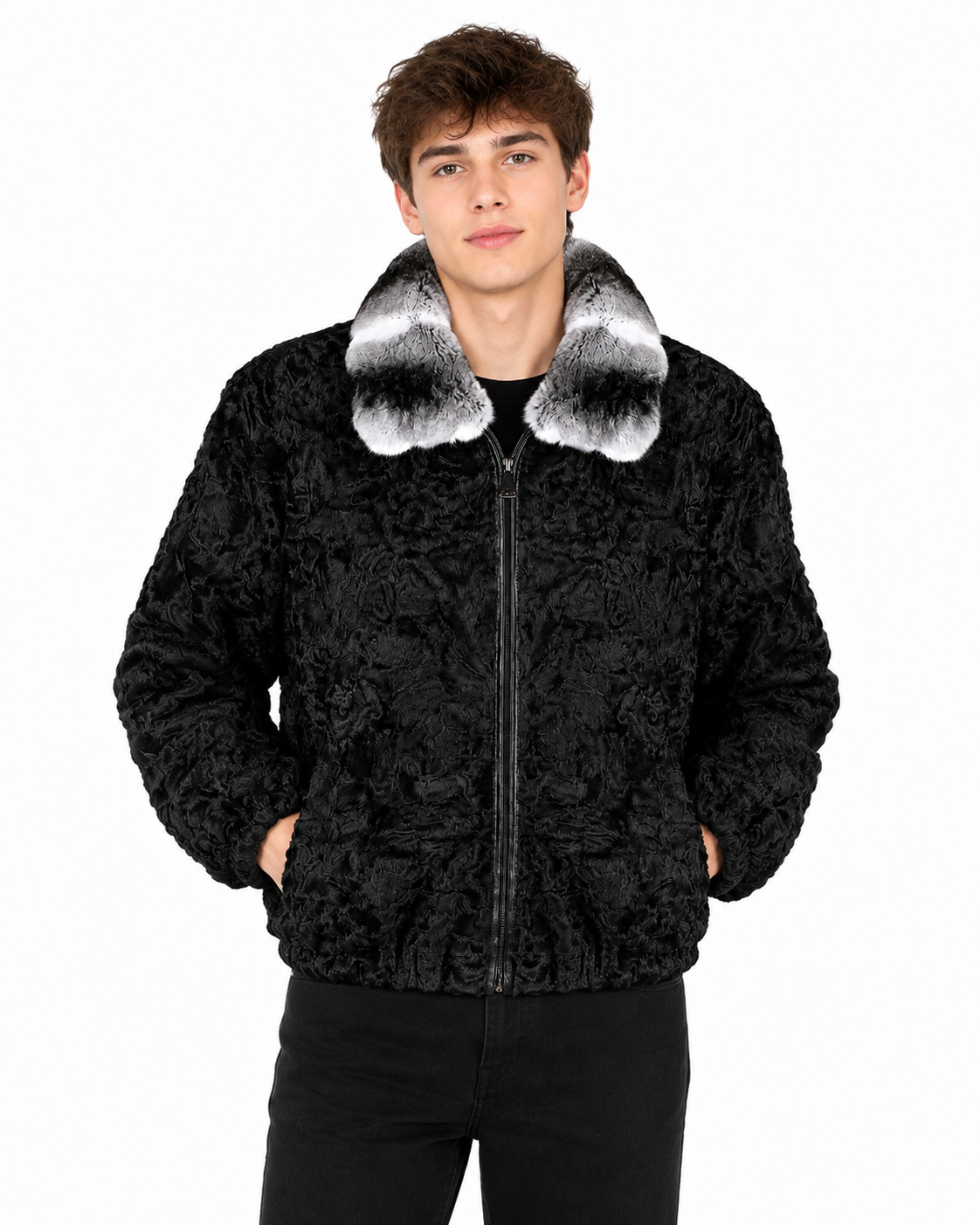Men's Black Persian Fur Jacket with Natural Chinchilla Fur Collar