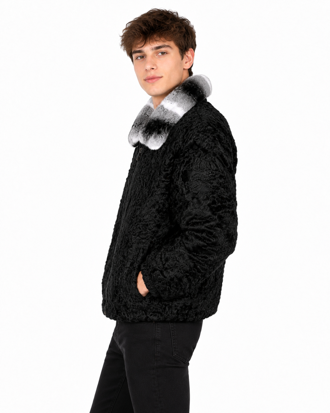 Men's Black Persian Fur Jacket with Natural Chinchilla Fur Collar