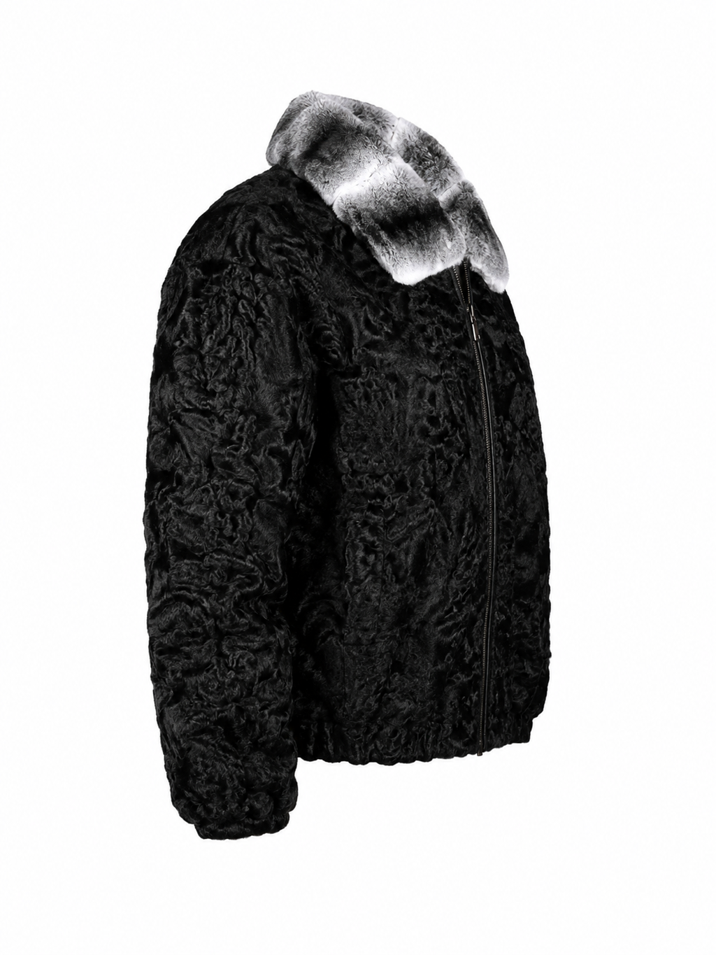 Men's Black Persian Fur Jacket with Natural Chinchilla Fur Collar