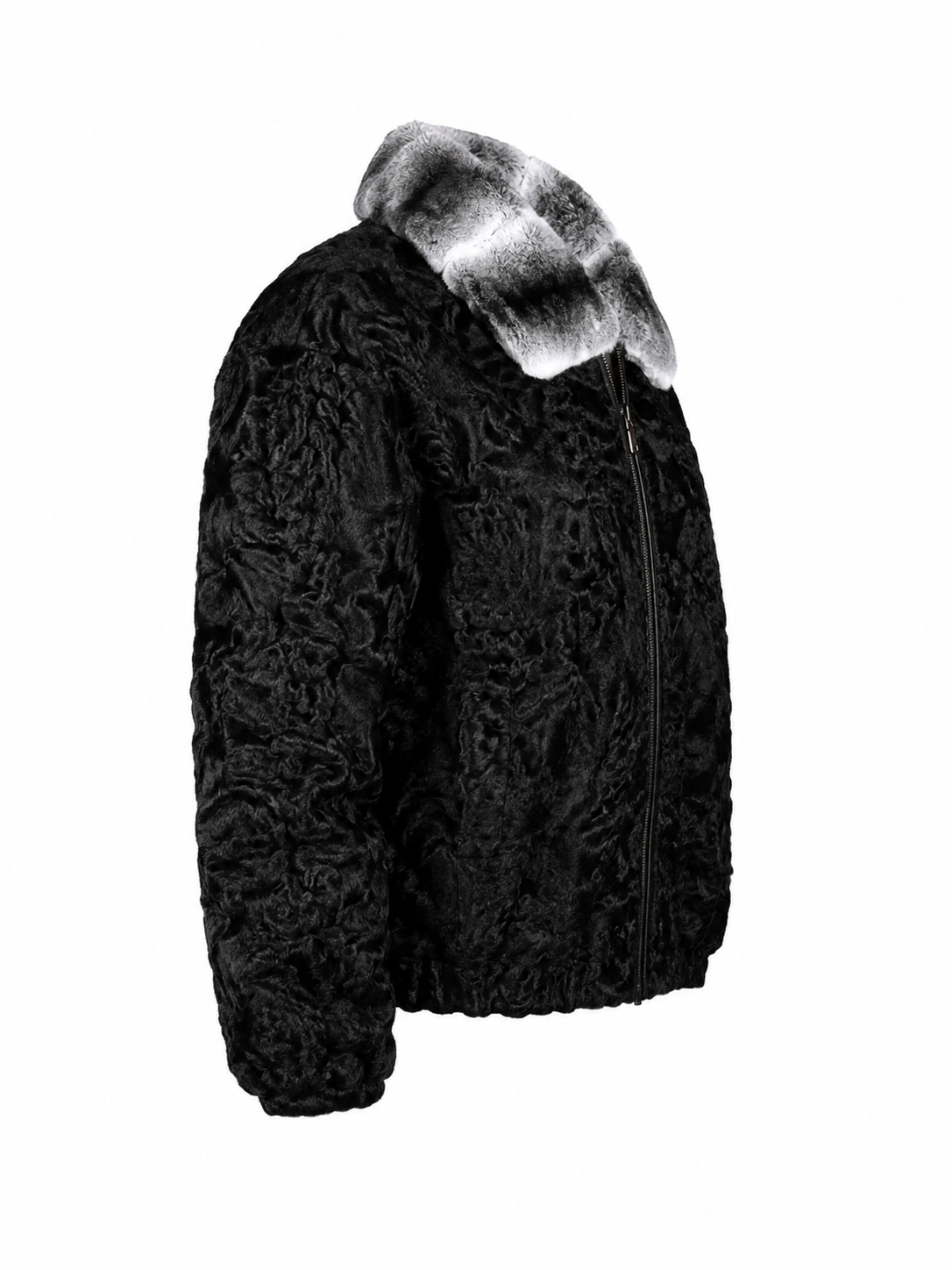 Men's Black Persian Fur Jacket with Natural Chinchilla Fur Collar