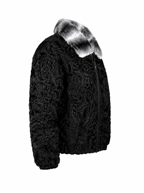 Men's Black Persian Fur Jacket with Natural Chinchilla Fur Collar