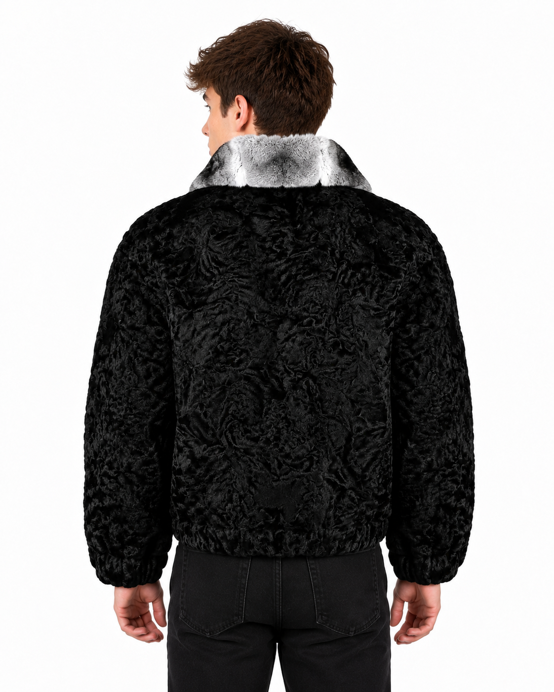 Men's Black Persian Fur Jacket with Natural Chinchilla Fur Collar