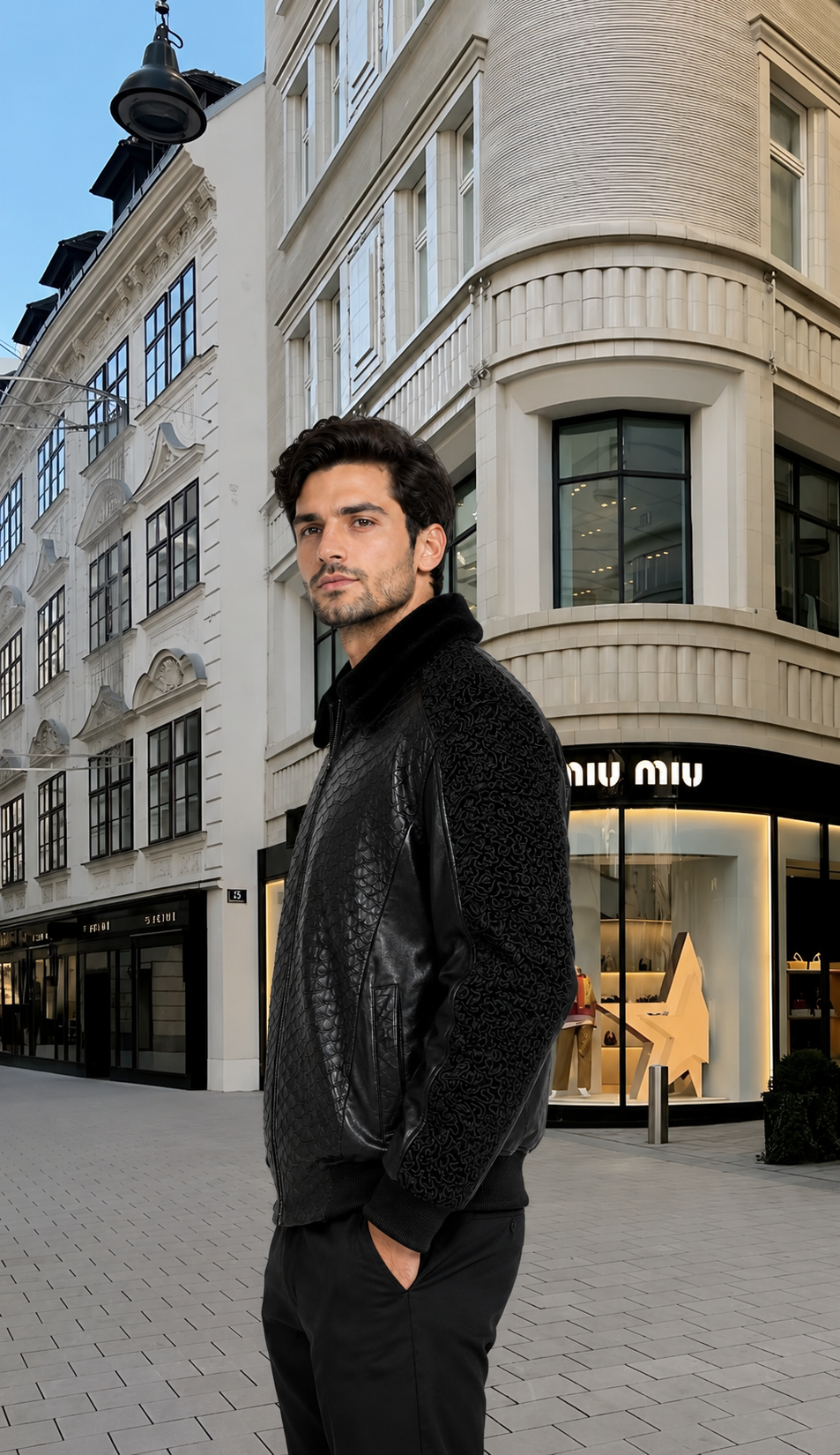 Men's Black Print Leather Jacket With Persian Lamb Collar