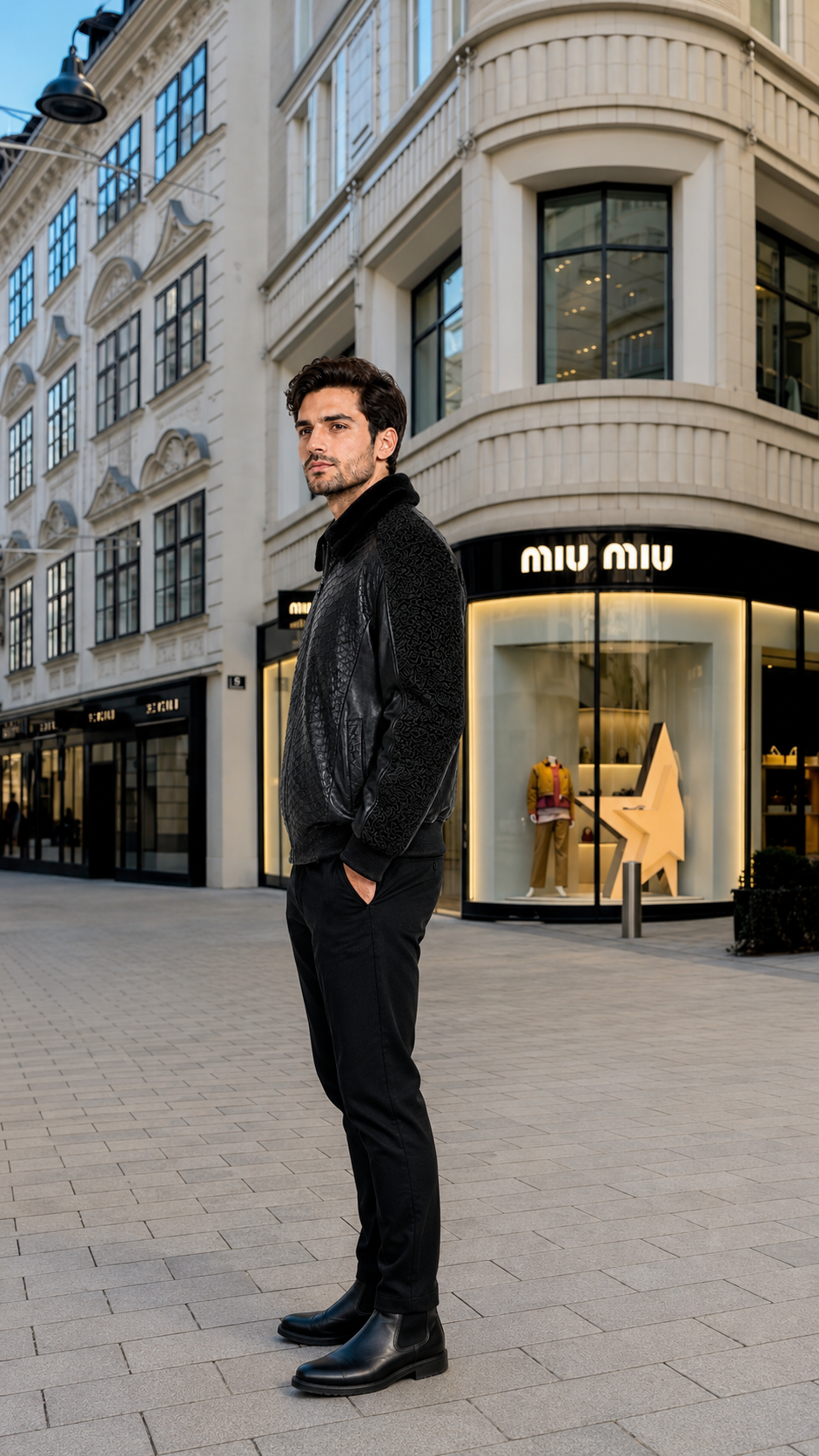 Men's Black Print Leather Jacket With Persian Lamb Collar