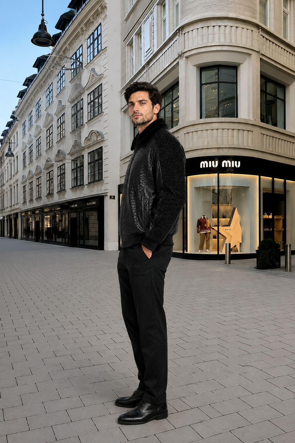 Men's Black Print Leather Jacket With Persian Lamb Collar