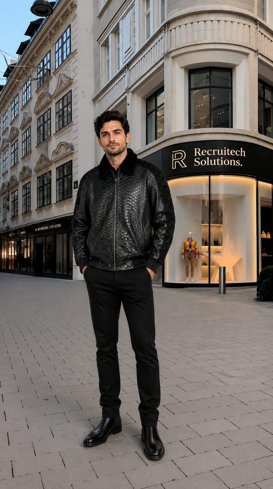 Men's Black Print Leather Jacket With Persian Lamb Collar