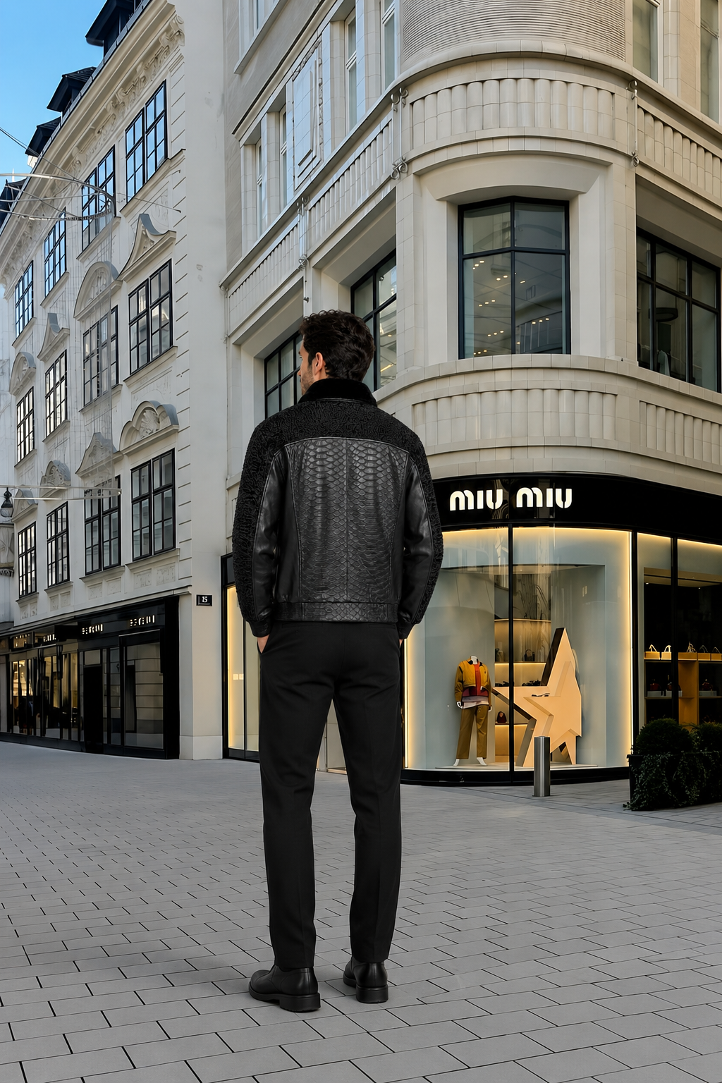 Men's Black Print Leather Jacket With Persian Lamb Collar