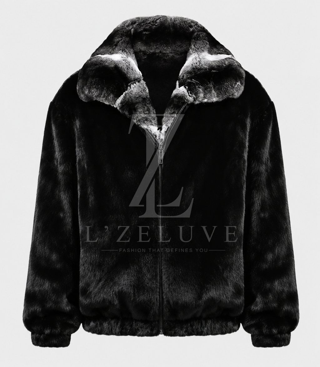 Men's Black Mink Fur Jacket with Natural Chinchilla Fur Collar
