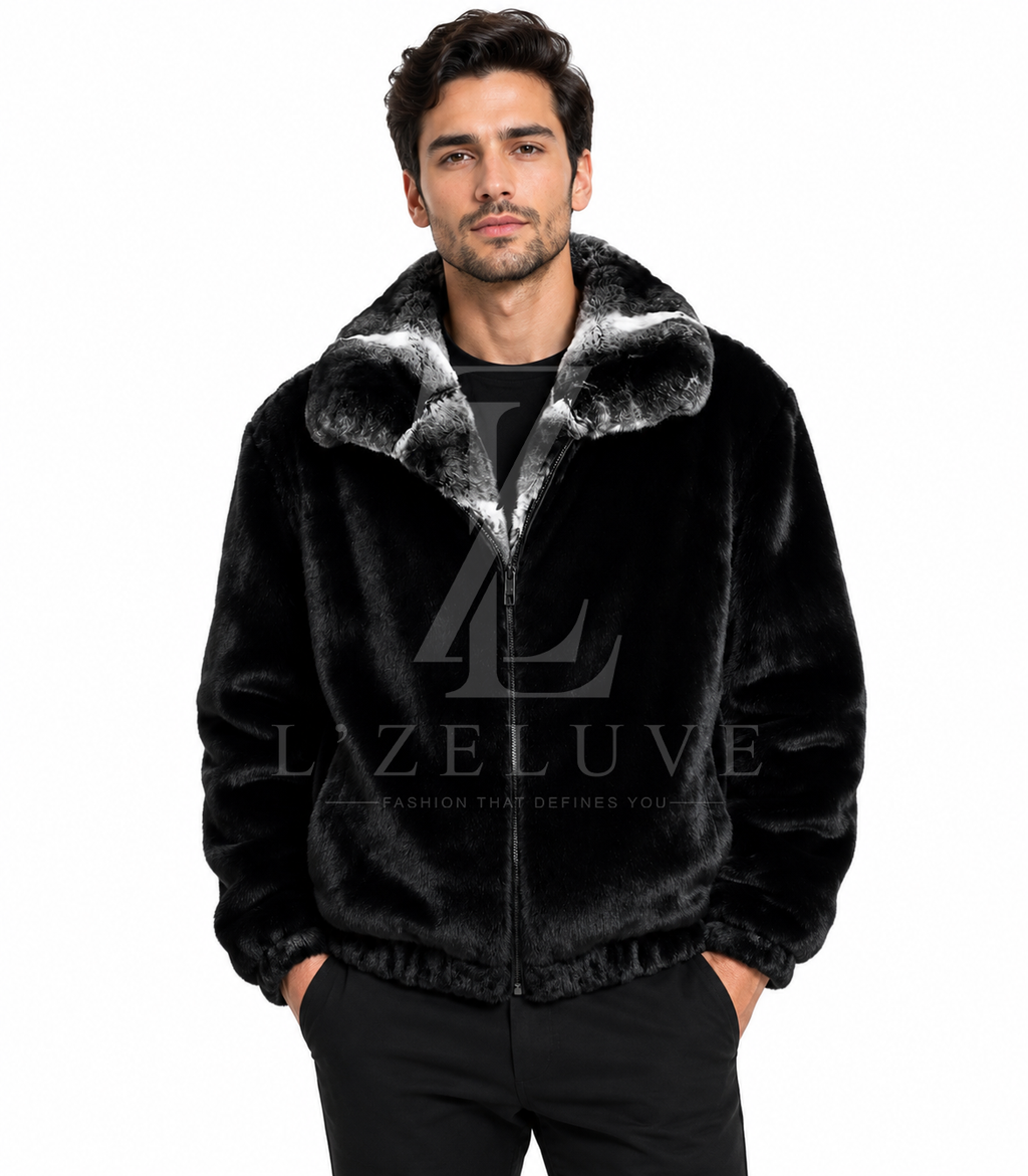 Men's Black Mink Fur Jacket with Natural Chinchilla Fur Collar