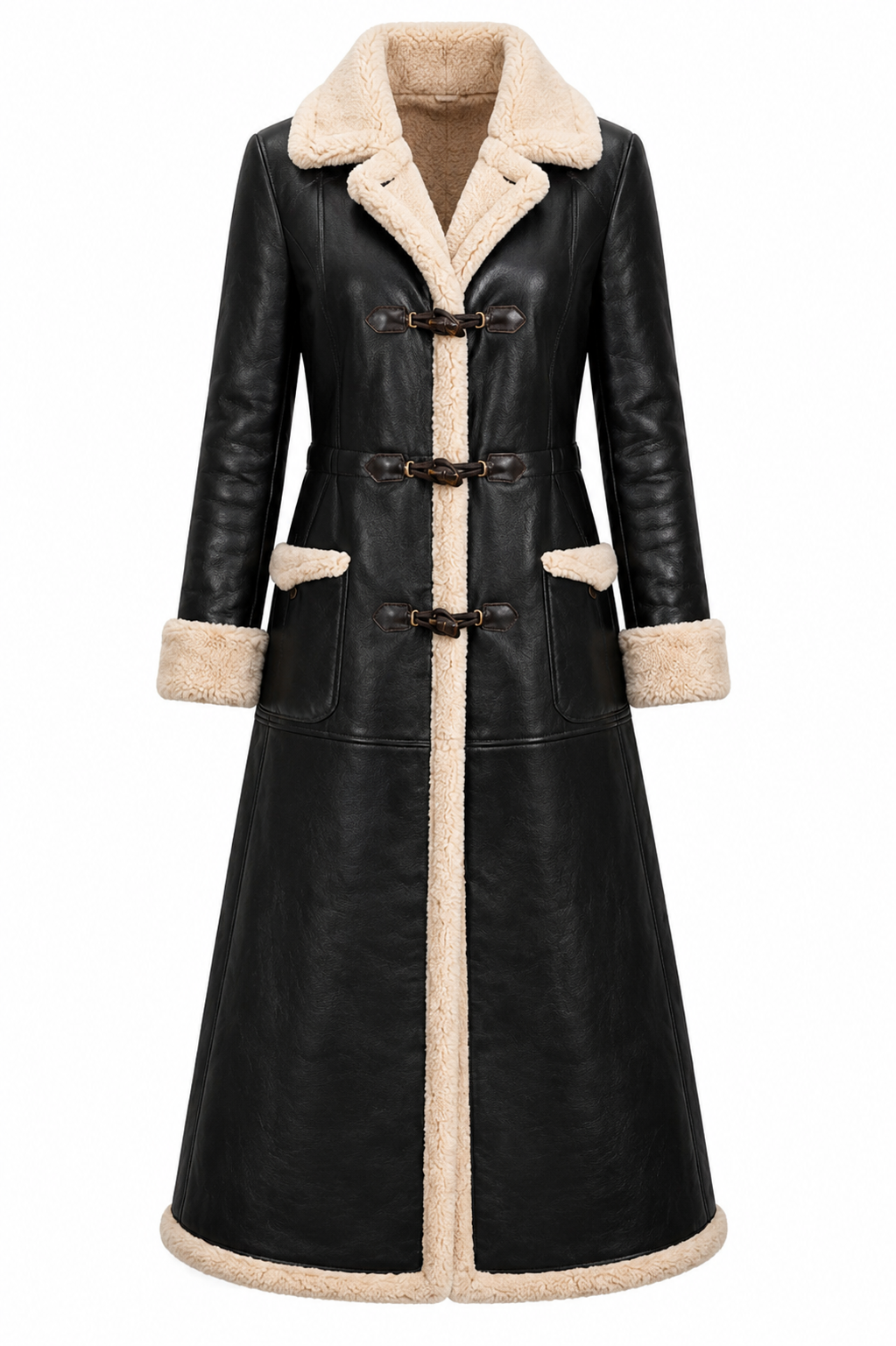 Women’s Black Shearling Leather Coat with Faux Fur Trim