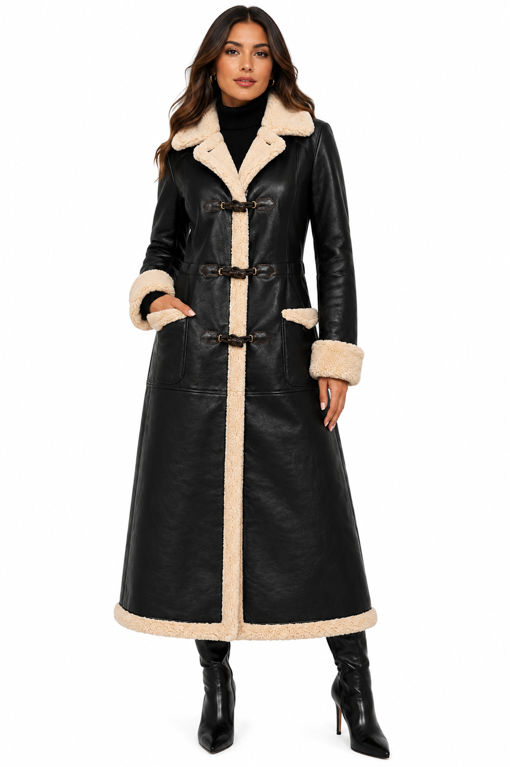 Women’s Black Shearling Leather Coat with Faux Fur Trim