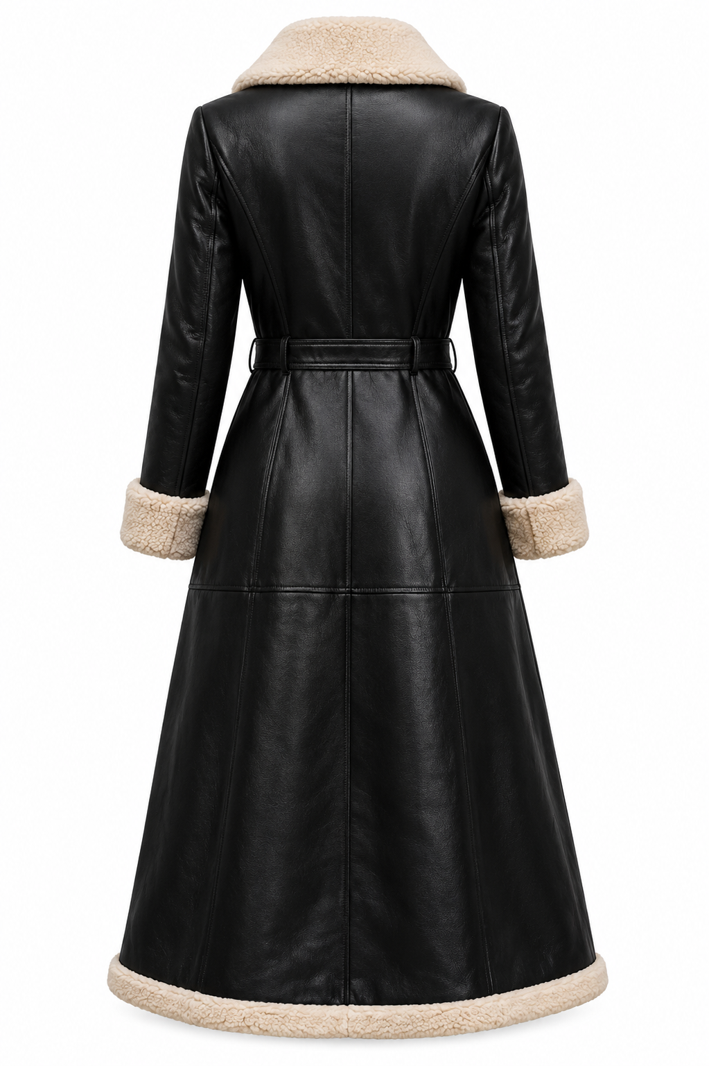 Women’s Black Shearling Leather Coat with Faux Fur Trim