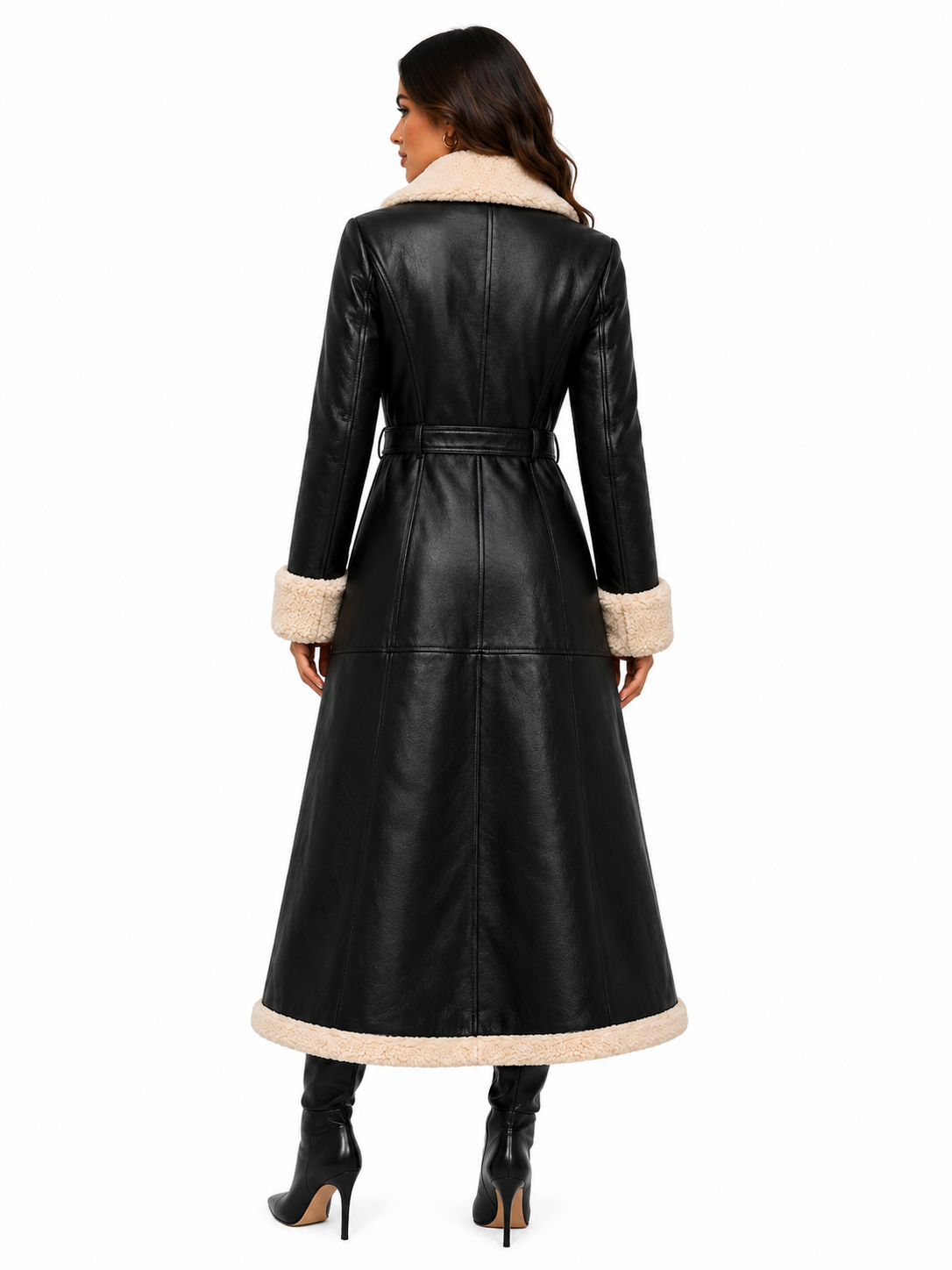 Women’s Black Shearling Leather Coat with Faux Fur Trim