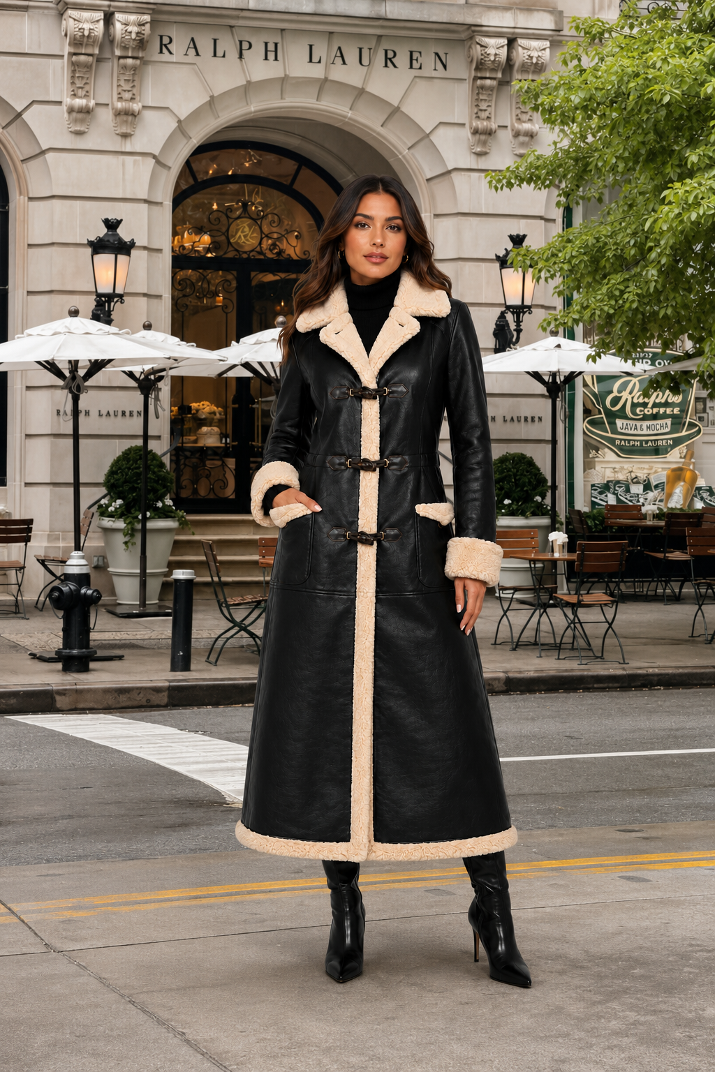 Women’s Black Shearling Leather Coat with Faux Fur Trim