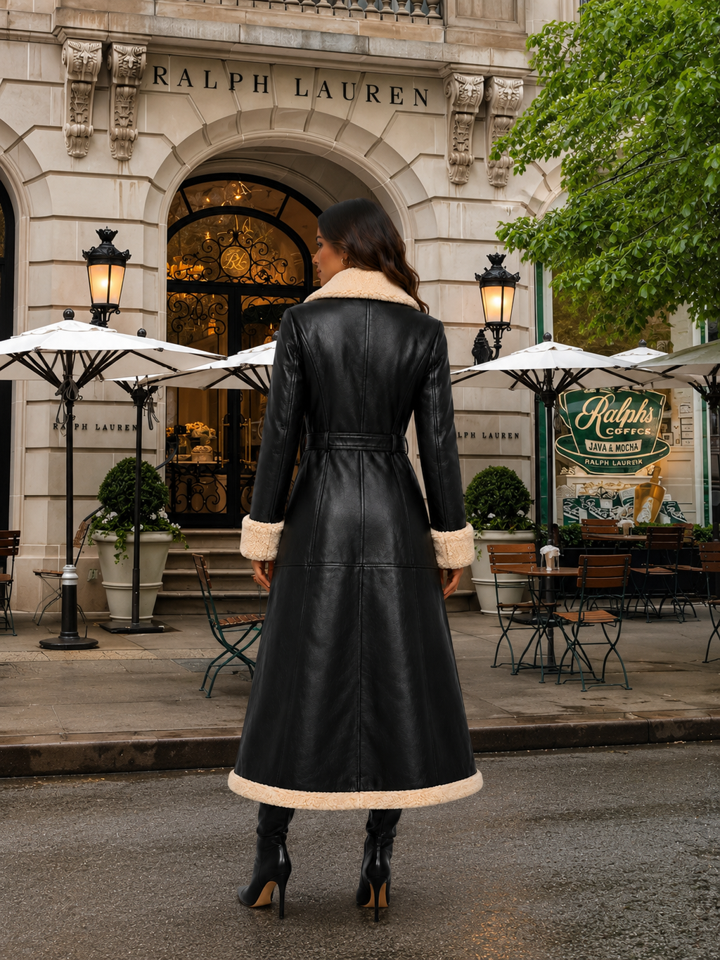 Women’s Black Shearling Leather Coat with Faux Fur Trim