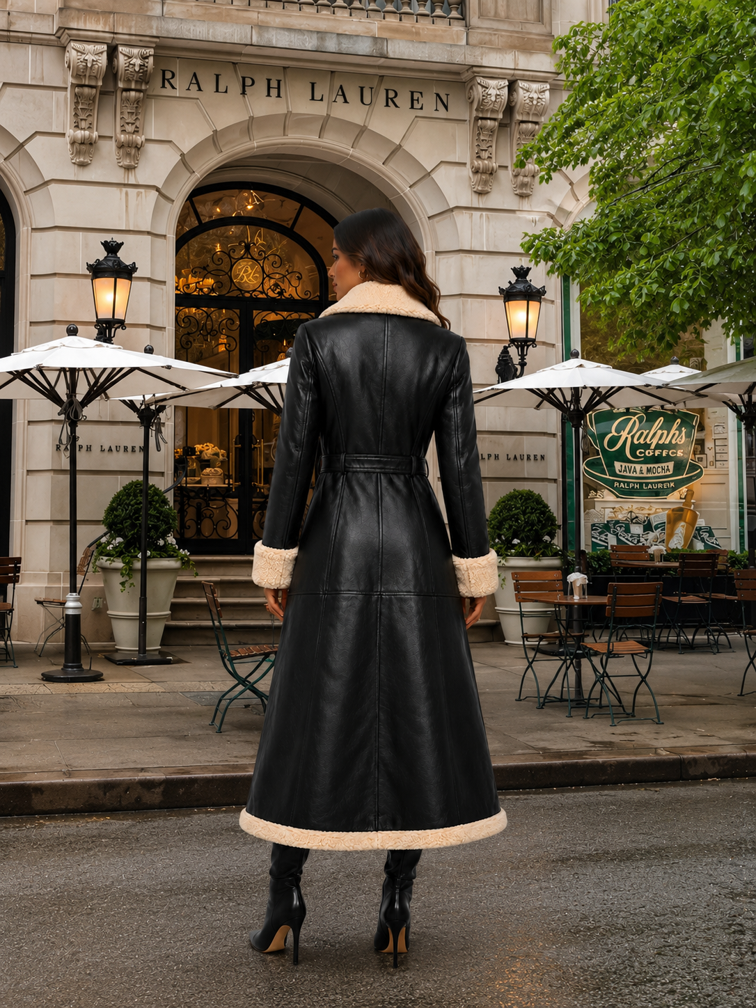 Women’s Black Shearling Leather Coat with Faux Fur Trim