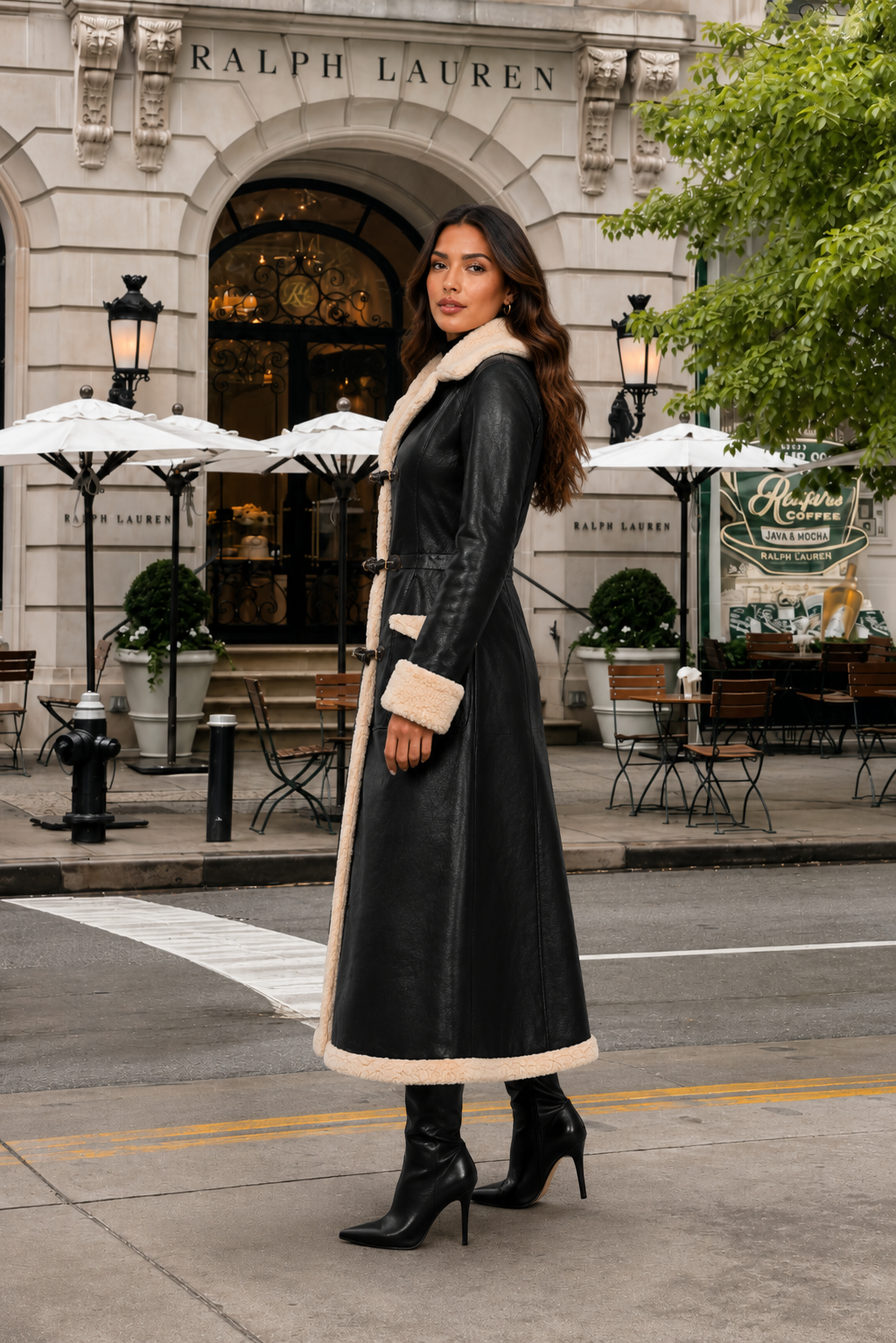 Women’s Black Shearling Leather Coat with Faux Fur Trim