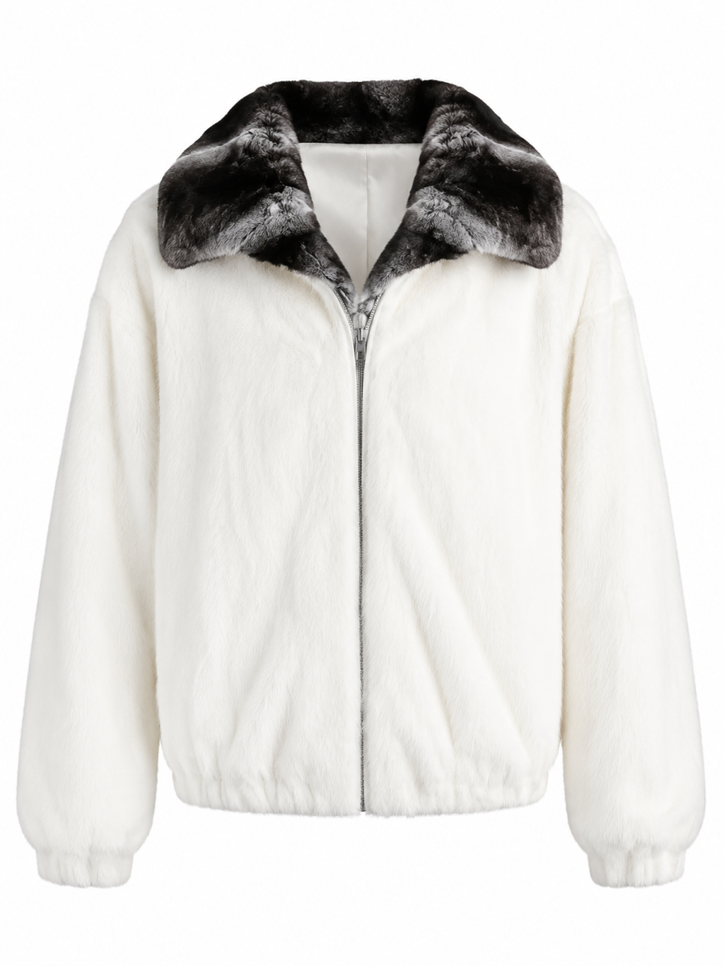An off-white faux fur jacket with a contrasting black and gray faux fur collar, shown against a plain white background.