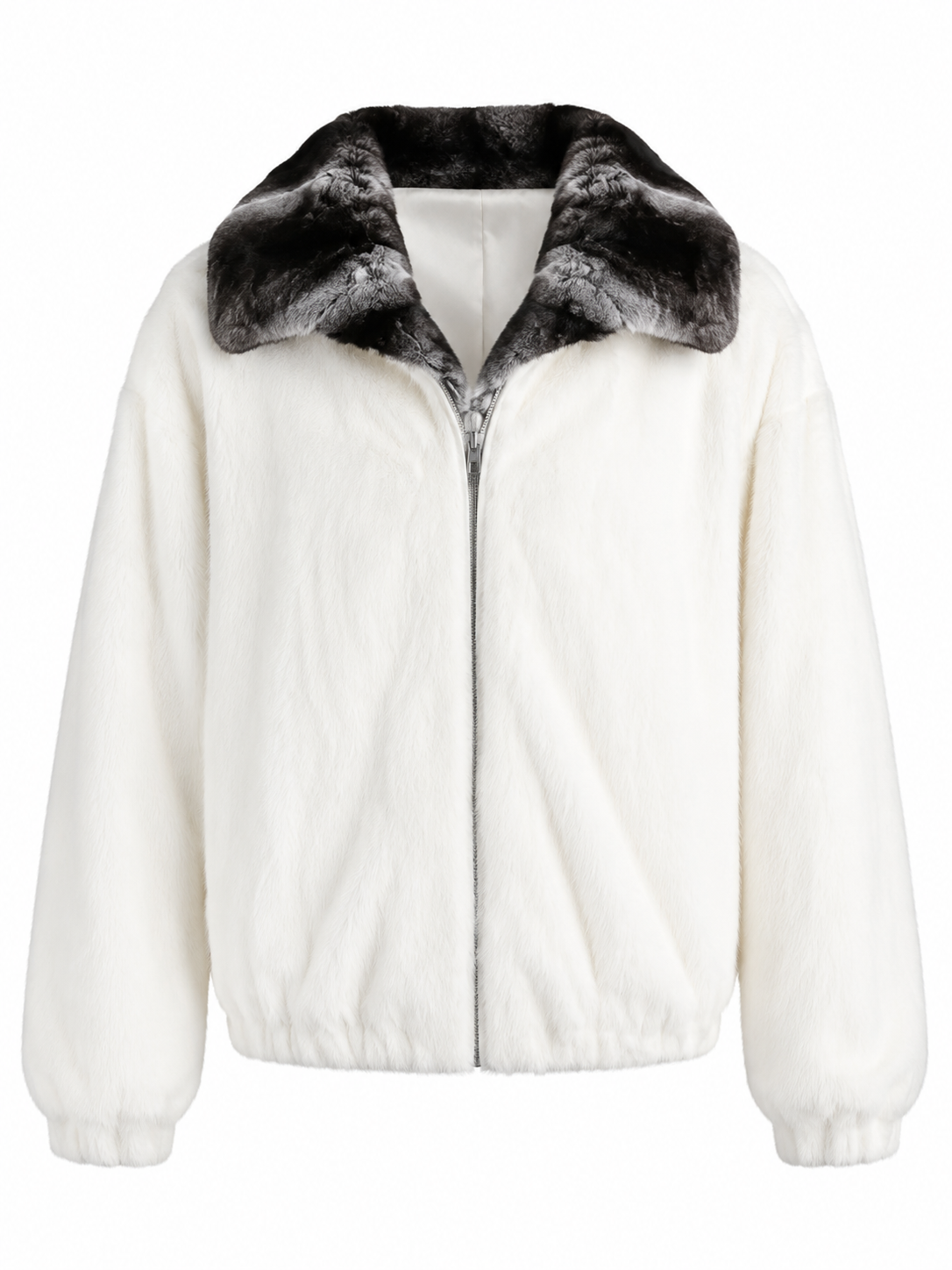 An off-white faux fur jacket with a contrasting black and gray faux fur collar, shown against a plain white background.