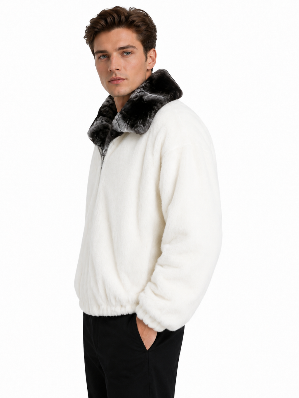 White Mink Fur Jacket with Natural Chinchilla Fur Collar