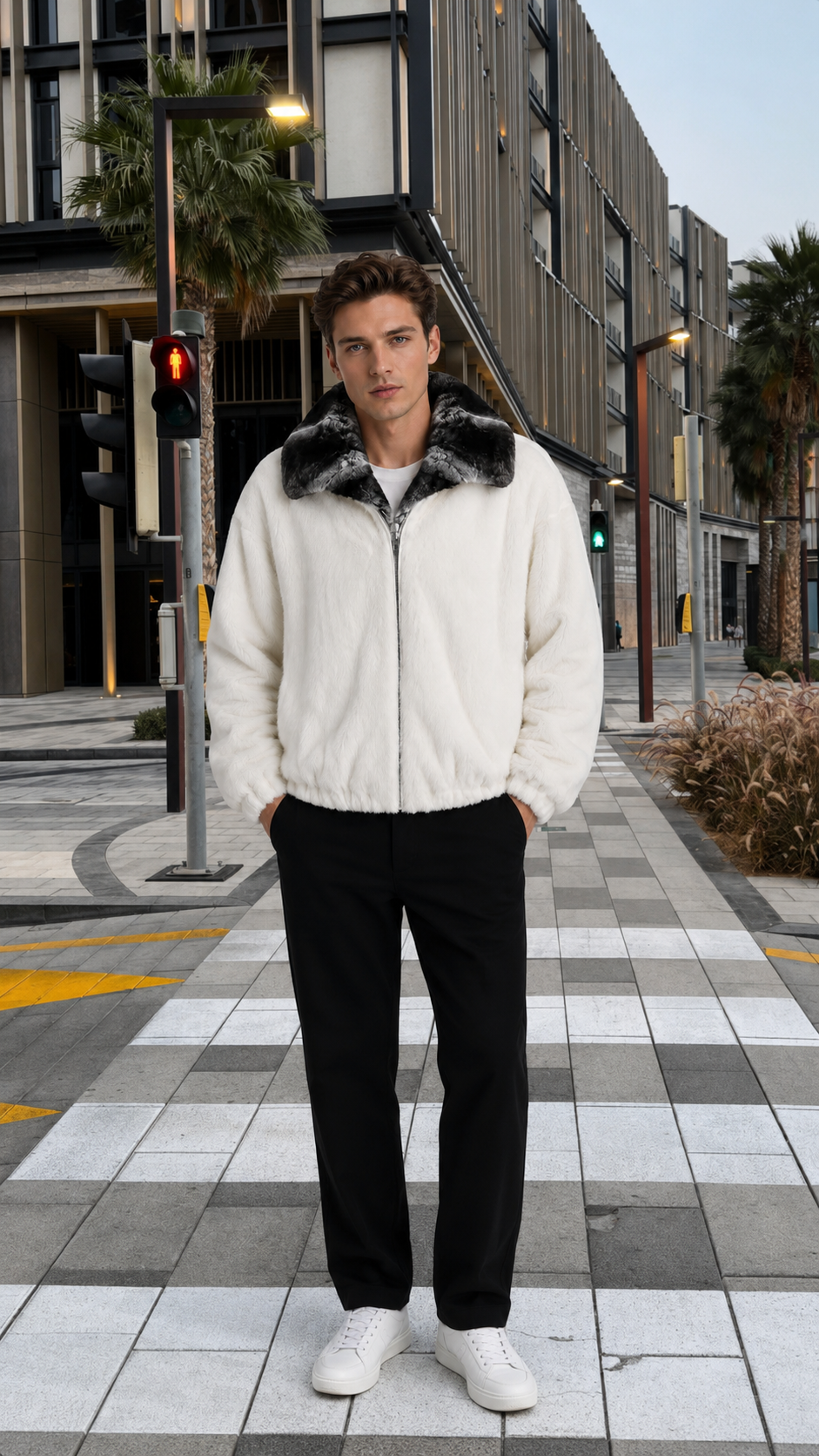 White Mink Fur Jacket with Natural Chinchilla Fur Collar