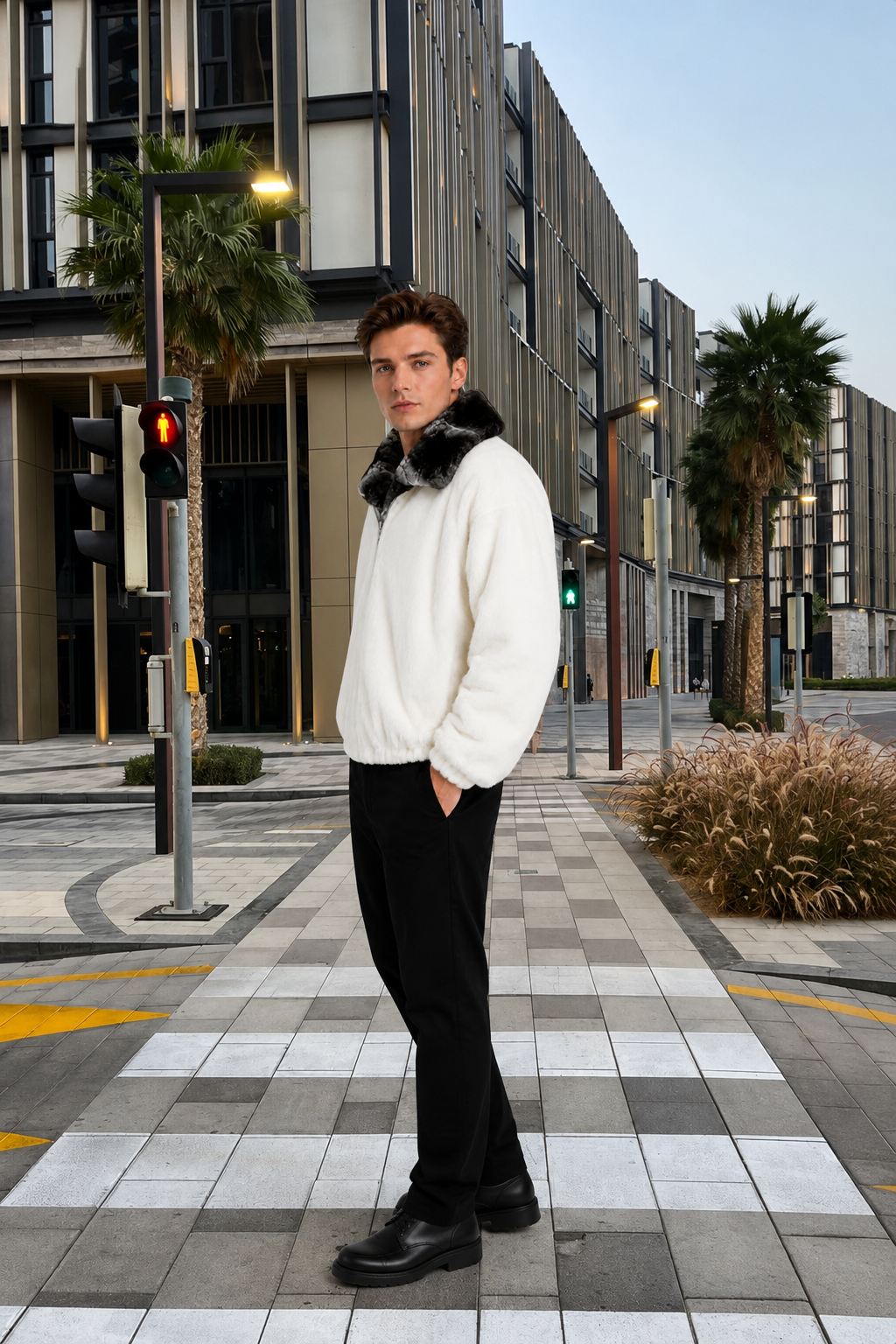 White Mink Fur Jacket with Natural Chinchilla Fur Collar