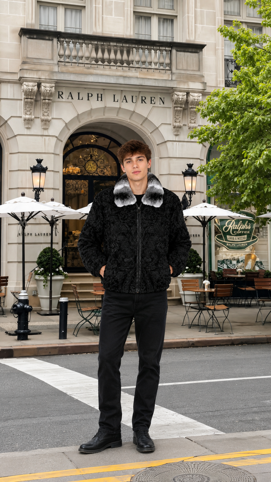 Men's Black Persian Fur Jacket with Natural Chinchilla Fur Collar