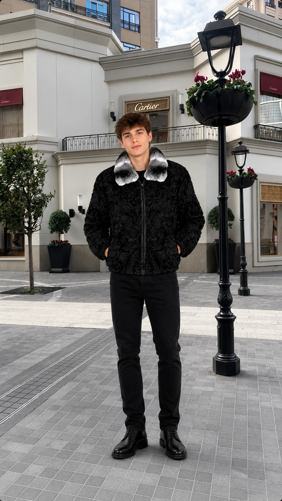 Men's Black Persian Fur Jacket with Natural Chinchilla Fur Collar